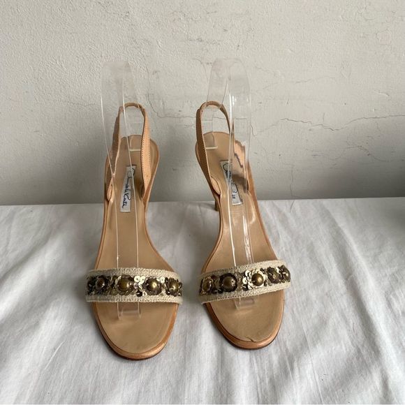 Oscar De La Renta Beaded Linen Sling Back Sandals Kitten Heels - Picture 3 of 14